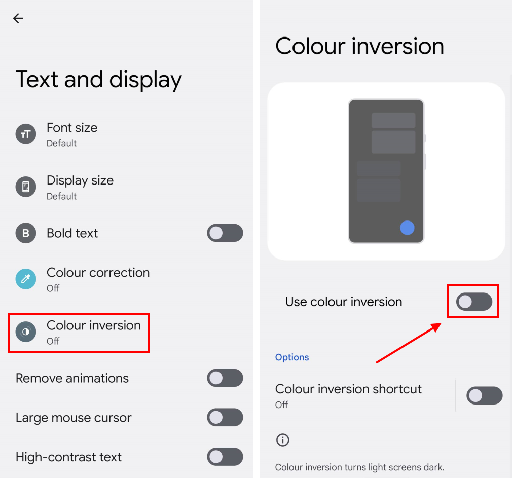 Tap Colour inversion then tap the toggle switch for Use colour inversion